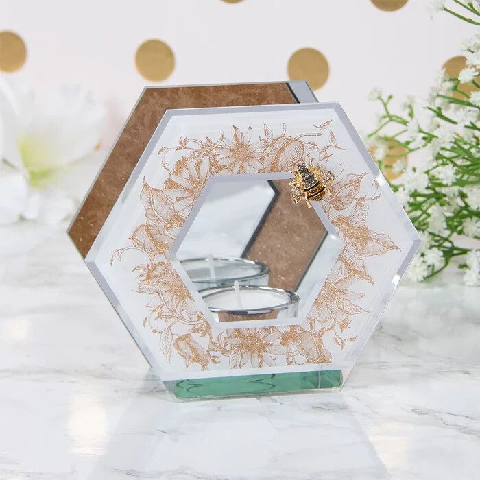 Honeycomb Bees Tea Light Holder Gold Mirrored Home Decorative Gift Decorated