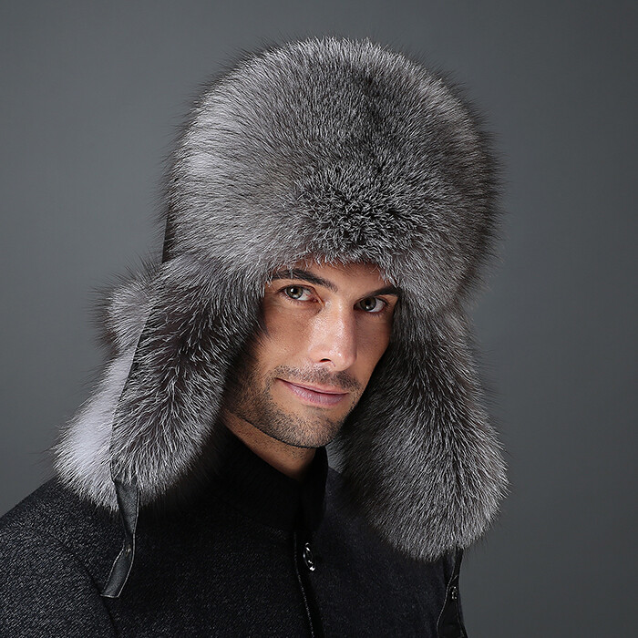 Winter Men's 100% Real Raccoon Fur Silver Fox Bomber Hat Ushanka Trapper Ski Cap