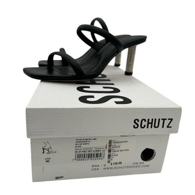 Schutz Black Leather Taliah Glam Crystal Heels Mid Sandals Shoes Shows Size 8