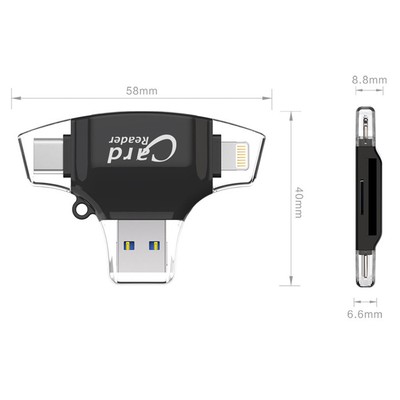 F64C TF SD OTG Kartenleser für PC Smartphone mit USB Type-C micro B Light ning