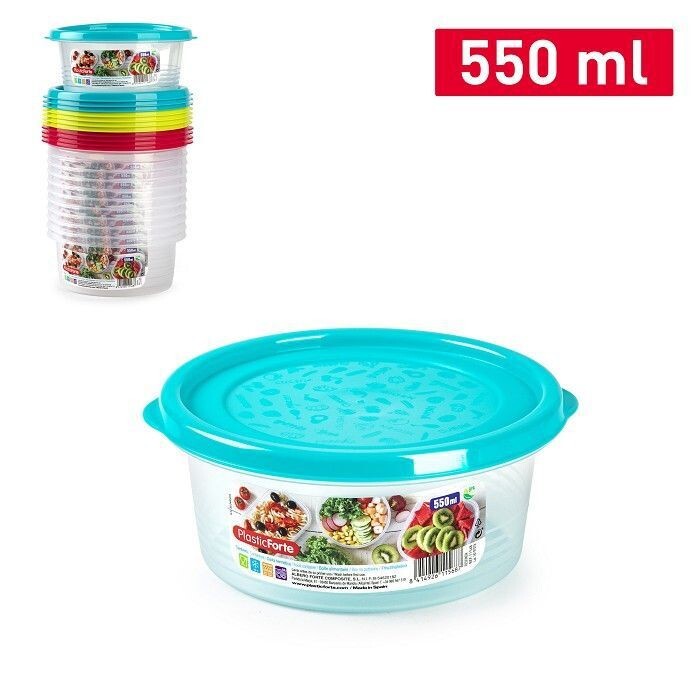 Set 12 Pezzi Contenitore Basic Tondo 550ml Coperchio In Plastica Colorata hmj