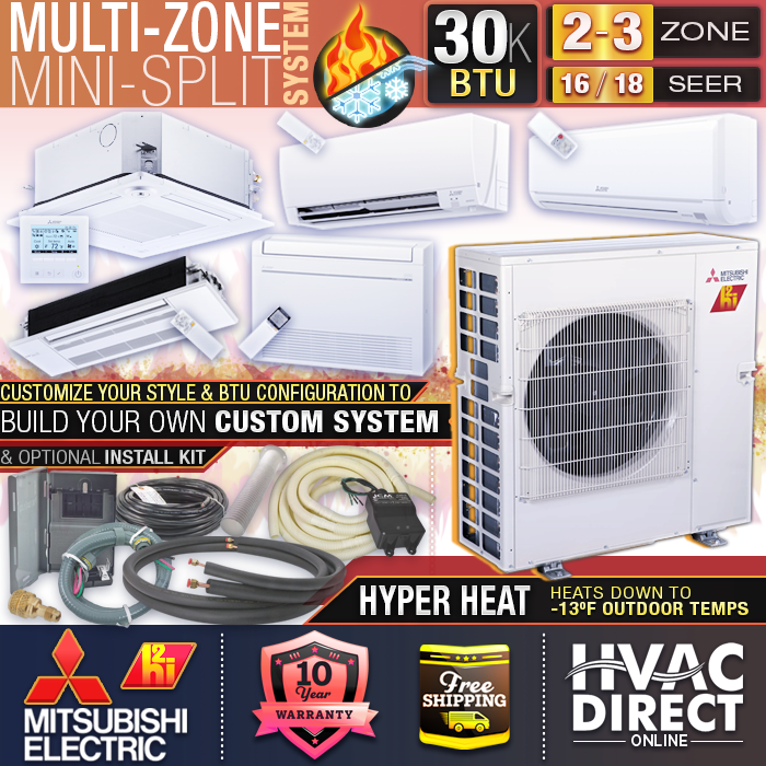 Mitsubishi H2i 2-3 Zone 30K BTU 16-18 SEER AC Hyper Heat Pump Mini Split System