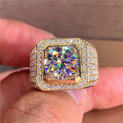 Men's 2 Carat Natural Zircon Stone 925  Silver Rings 18K Gold Color Ring