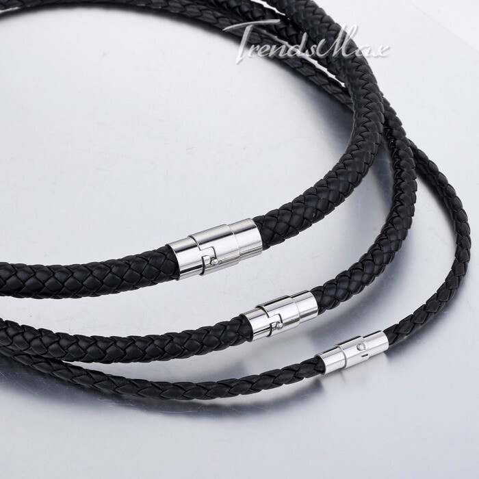 4/6/8MM Mens Black Braided Cord Rope Leather Necklace Choker w/ Magnetic Clasp