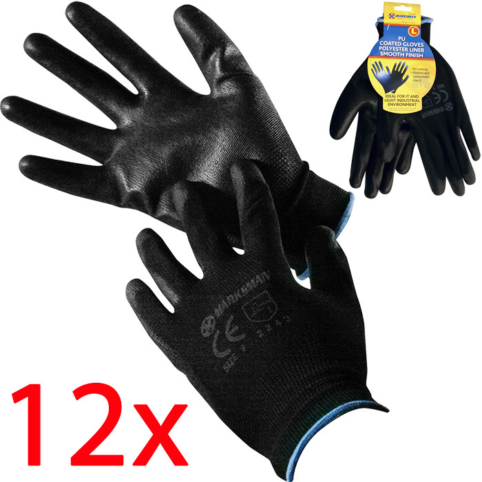 12x Pu Coated Gloves Gardening Work Builders Safety Nylon Black Mechanic Grip