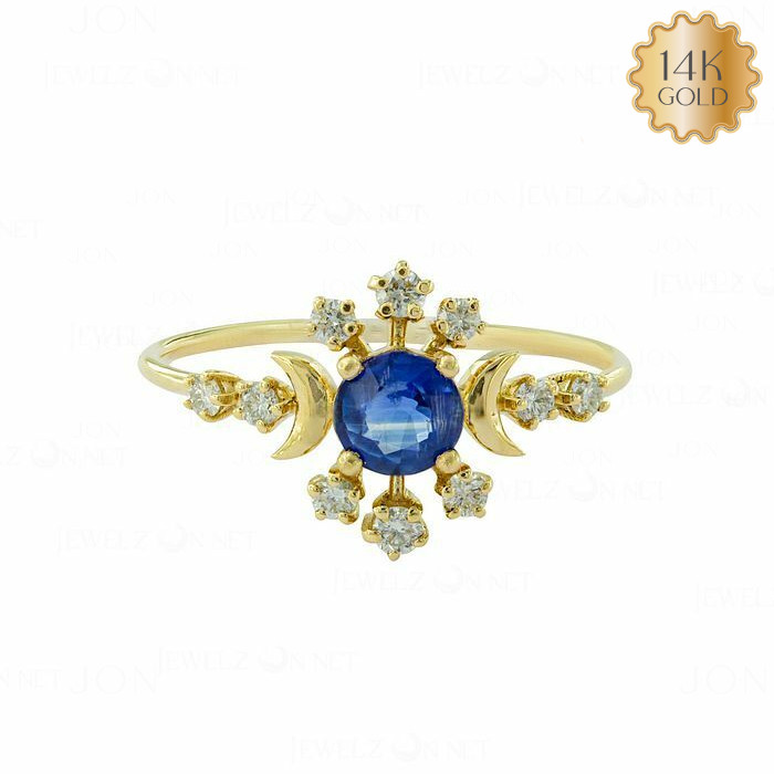 14K Gold Natural Diamond Blue Sapphire Crescent Moon Star Engagement Ring