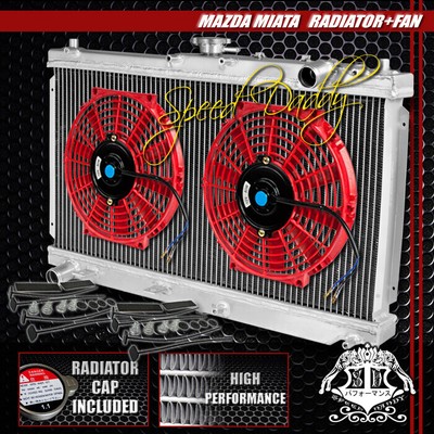 2-РЯДНЫЙ ПОЛНОСТЬЮ АЛЮМИНИЕВЫЙ РАДИАТОР + 2 X 10 КРАСНЫХ ВЕНТИЛЯТОРА ОХЛАЖДЕНИЯ ДЛЯ 99-05 MAZDA MIATA MX-5