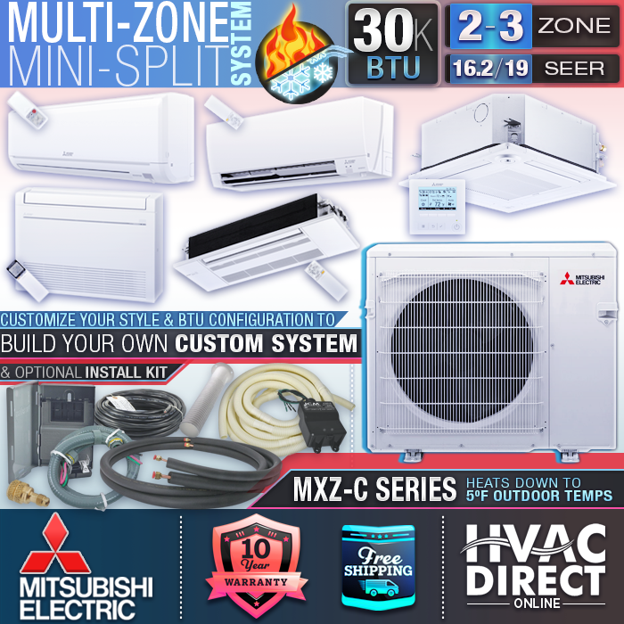 Mitsubishi 2-3 Zone 30K BTU 16.2-19 SEER AC Heat Pump Mini Split System Builder