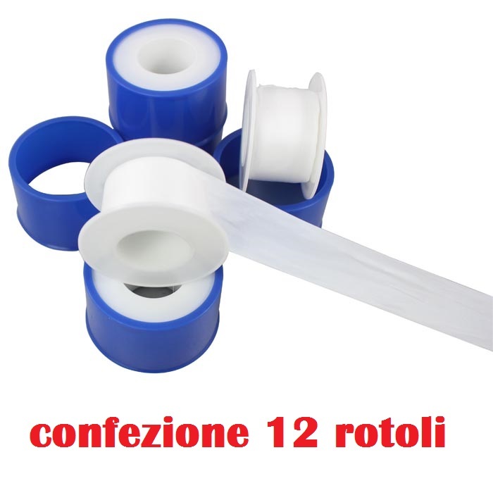Set 12 Rotoli Nastro Teflon P.T.F.E Professionale 1/2"x0,0075mmx7m moc