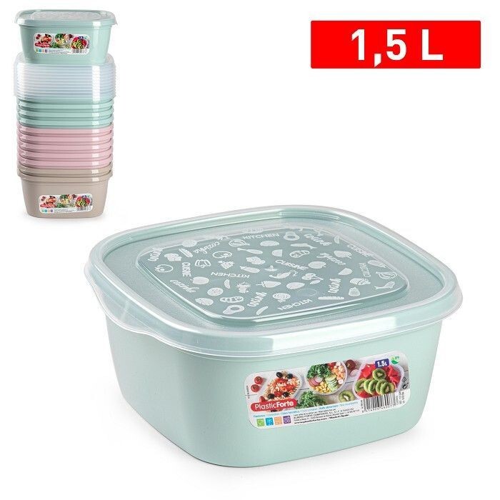 Set 12 Pezzi Contenitore Basic Quadrato 1,5Lt Coperchio In Plastica Colorata hmj