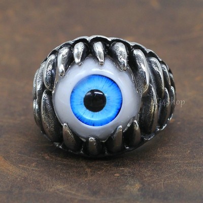 Men's Punk Biker Dragon Teeth Blue Artificial Eye Eyeball Stainless Steel Ring