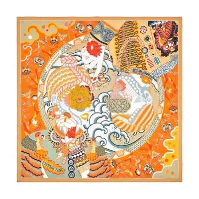 Hermes Scarf Stole Duo Cosmique Caramel Orange Japanese Silk