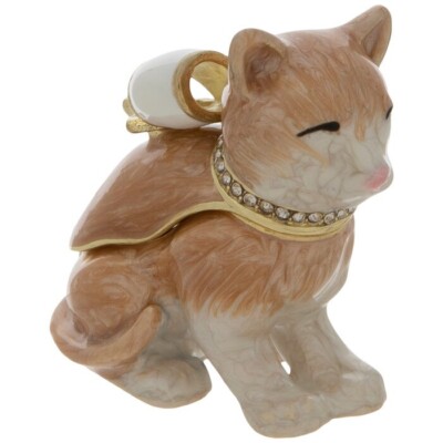 Elegant Bejeweled Cat w/Bow Trinket Box Table Decor