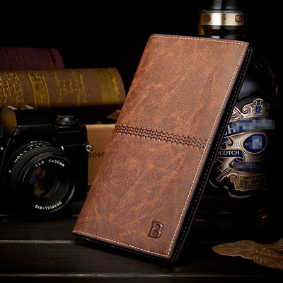 Men's Leather Bifold ID Card Holder Long Wallet Purse Checkbook...