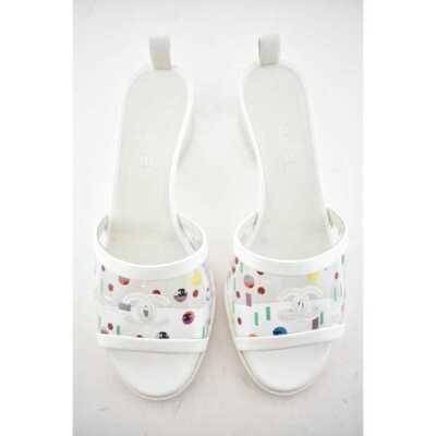 Pre-owned Chanel 19s Multicolor Patent Transparent Pvc C Logo Mule Slide Sandal Heel 37.5c
