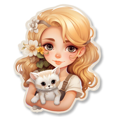 PETITE FILLE BLONDE ET PETIT CHAT BLANC DECO CHAMBRE AUTOCOLLANT STICKER PF122