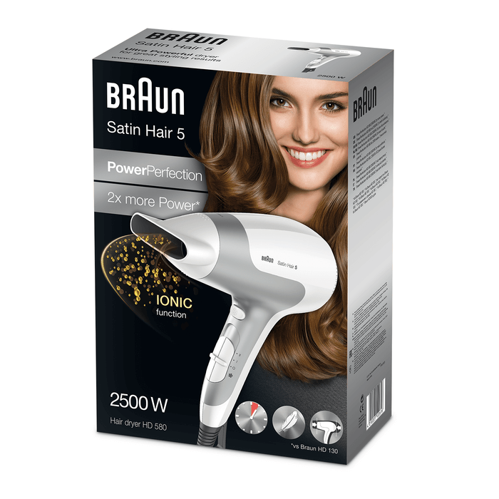 Braun Haartrockner HD 580 Fön Satin Hair 5, Ionen, 2500 Watt, weiß silber