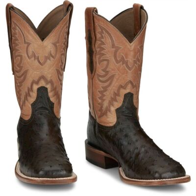 Pre-owned Tony Lama Men's Cmu019 Vale 11" Brown Full Quill Ostrich Square Toe Cowboy Boots In Umber (brown)