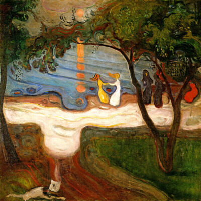 THE DANCE ON THE SHORE MOONLIGHT WAVES GIRLS 1900 PAINTING