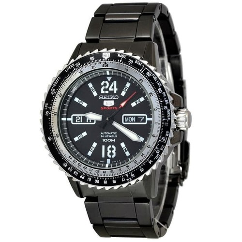 Pre-owned Seiko 5 Sports Srp355k1 Black Automatic Men Wristwatch Srp355 Full Black Silver
