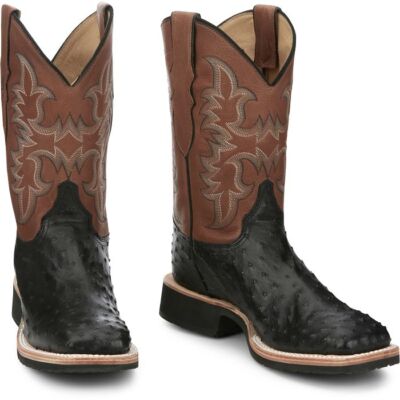Pre-owned Justin Boots Justin Men's Aq8530 Drover 11" Onyx (black) Full Quill Ostrich Block Heel Boots