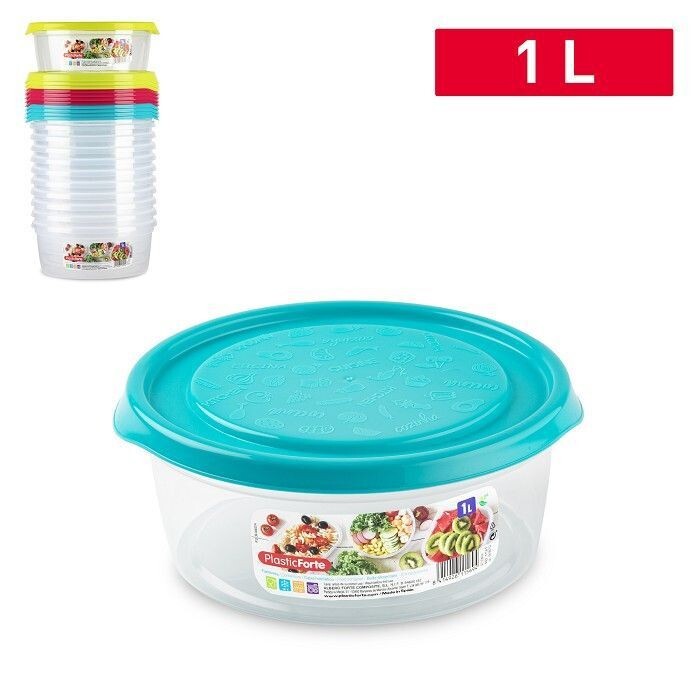 Set 12 Pezzi Contenitore Basic Tondo 1 Litro  Coperchio In Plastica Colorata hmj