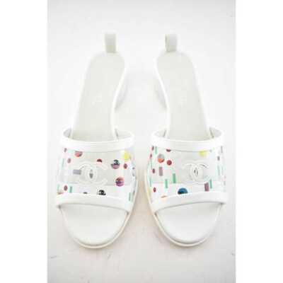 Pre-owned Chanel 19s Multicolor Patent Transparent Pvc C Logo Mule Slide Sandal Heel 37.5c