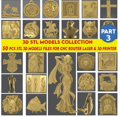 pack 3,50 Pcs 3D STL Models Collection, Wall decor, Stl File For CNC Router