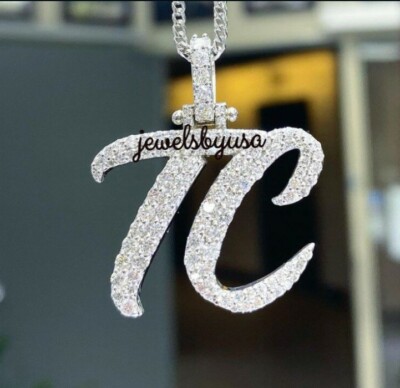 Pre-owned Nsg 2ct 100% Tester Passing Moissanite "tc" Custom Letter Initial Pendant 925 Silver In White
