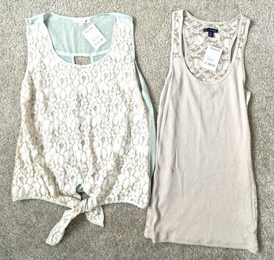 AMERICAN EAGLE & MINE BEIGE TEAL FLORAL LACE BACK TANK TOP WOMEN S SIZE MEDIUM