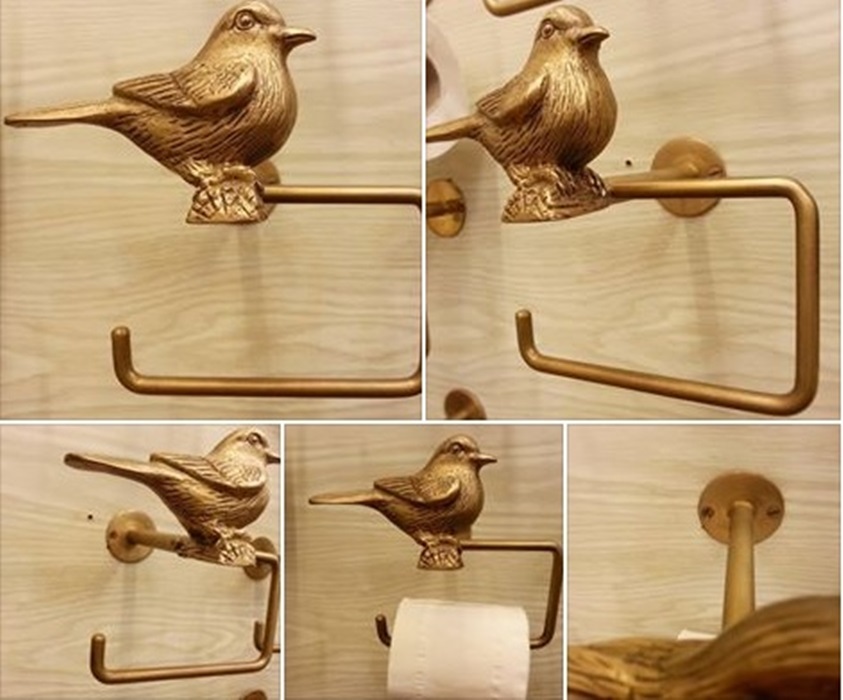 Brass Toilet Paper Holder Bird Figurine Vintage Wall Mounted Bathroom