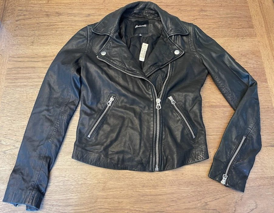 Pre-owned Madewell Black Xx-small Washed Leather Motorcycle Jacket Brass Hardware Edition