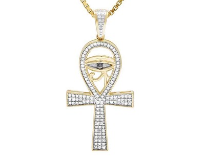 Pre-owned Jewelry Unlimited Men's 10k Yellow Gold Genuine Diamond Horus Evil Eye Ankh Pendant 0.28ct 1.4" In H-i