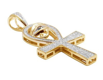 Pre-owned Jewelry Unlimited Men's 10k Yellow Gold Genuine Diamond Horus Evil Eye Ankh Pendant 0.28ct 1.4" In H-i