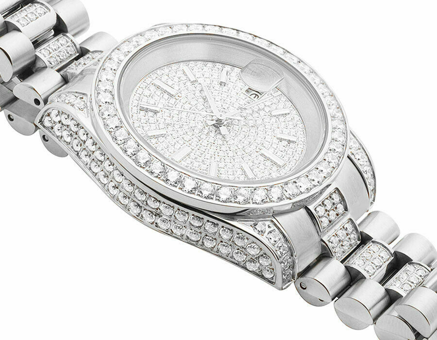 Pre-owned Bling Master 18k White Gold Full Stainless Steel Simulated Diamond Presidential Watch 41mm