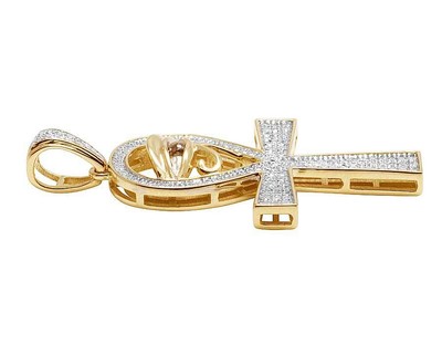 Pre-owned Jewelry Unlimited Men's 10k Yellow Gold Genuine Diamond Horus Evil Eye Ankh Pendant 0.28ct 1.4" In H-i