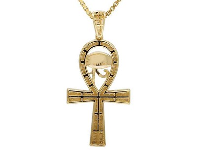 Pre-owned Jewelry Unlimited Men's 10k Yellow Gold Genuine Diamond Horus Evil Eye Ankh Pendant 0.28ct 1.4" In H-i