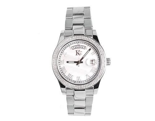 Pre-owned Techno Com By Kc Mens Ladies White Gold Stainless Steel 41mm Techno Com Kc Day-date Diamond Watch In Silver