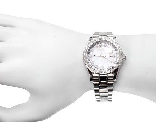 Pre-owned Techno Com By Kc Mens Ladies White Gold Stainless Steel 41mm Techno Com Kc Day-date Diamond Watch In Silver