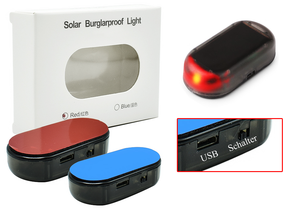 USB+SOLAR LED-Rot Auto oder Haus Alarmanlage Dummy Imitation Diebstahlsicherung 