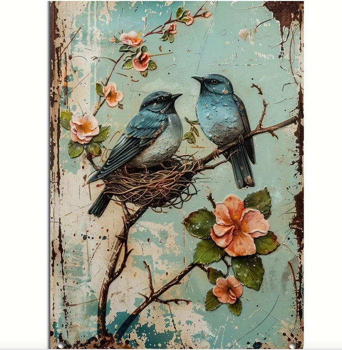 Victorian Wall Decor French Country Vintage Blue Birds Metal Tin Sign 8x12