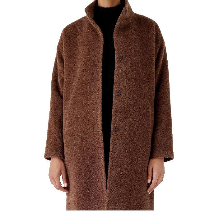 Pre-owned Eileen Fisher $698  Stand Collar Alpaca / Wool Coat Auburn Brown Sz L