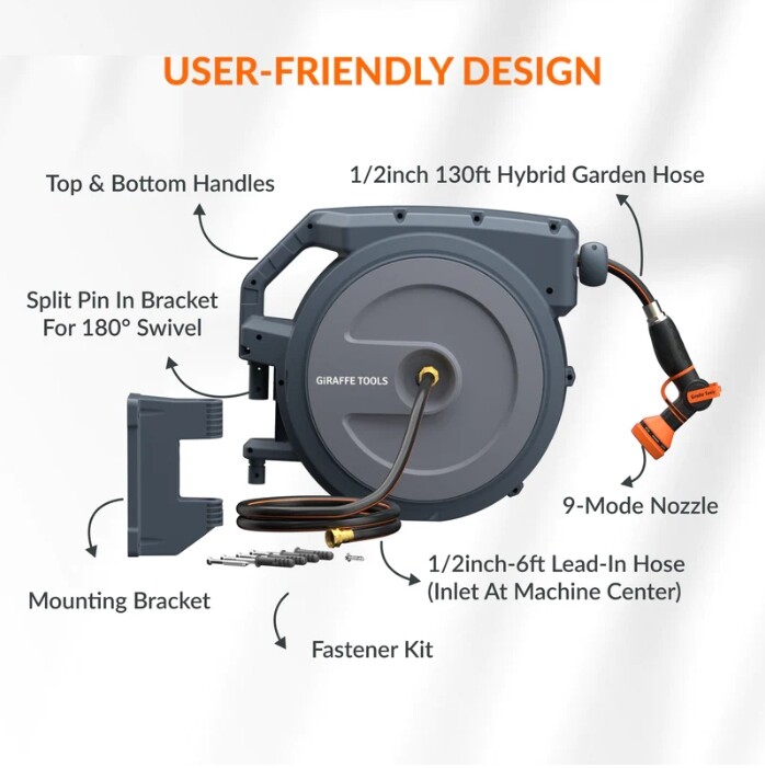 Giraffe Tools Retractable Garden Hose Reel Wall Mount 1/2-IN 130-FT with Nozzle