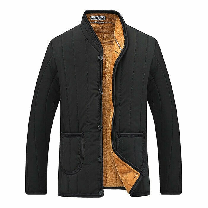 Men Padded Coat Quilted Black Outwear Plush Lining Slim Solid Short Winter Thick
