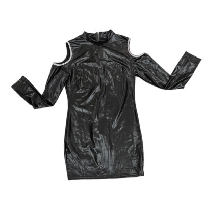 Black Mini Dress Piao Liang Fu Shi  Diamante Cold Shoulder Wet Look Shiny Size X