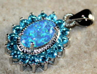SILVER Elegant Blue Fire Opal & Sky Blue Topaz Oval Pendant  WP40502
