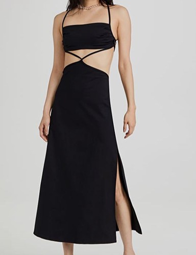 PORT DE BRAS $295 PORT DE BRAS WOMEN'S BLACK SOLID ST BARTS STRAPPY MIDI DRESS SIZE LARGE