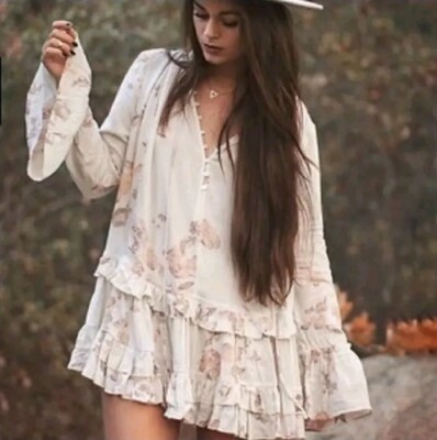 Free People Clover Field Floral Ruffle Tie Long Sleeve Tunic Mini Dress Cottage 
