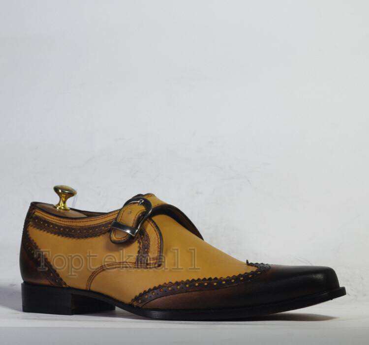 Pre-owned Handmade Men's Leather Monk Strap Brown And Yellow Formal Casual Dress Shoes-111
