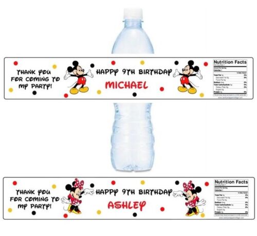 14 MICKEY OR MINNIE MOUSE BIRTHDAY WATERPROOF Water Bottle Label Personalize